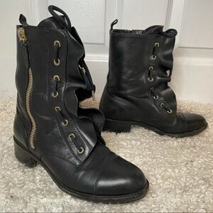 VALENTINO Garavani Black Leather Ruffle Lace Up Combat Boots with Gold 7.5